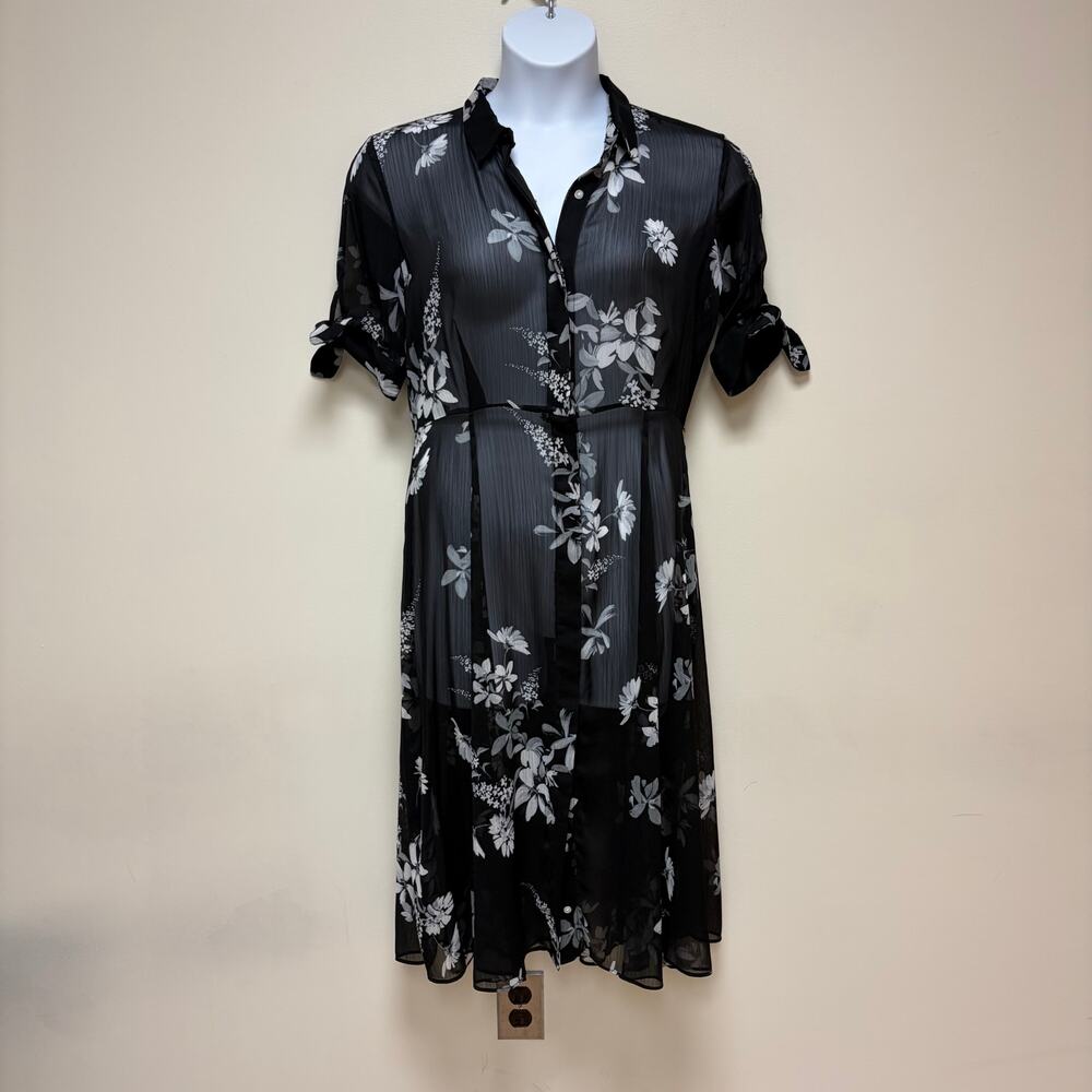 Calvin Klein Black Floral Sheer Midi Shirt Dress Chiffon Cottagecore Goth 8